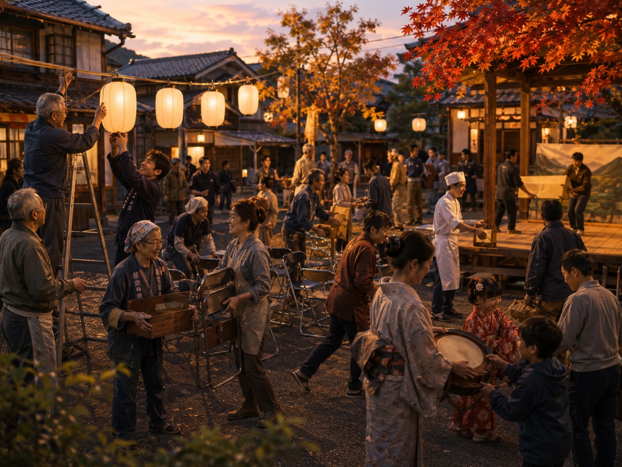 提灯を吊るし、太鼓を運ぶ、準備を手伝う市民たちの情景