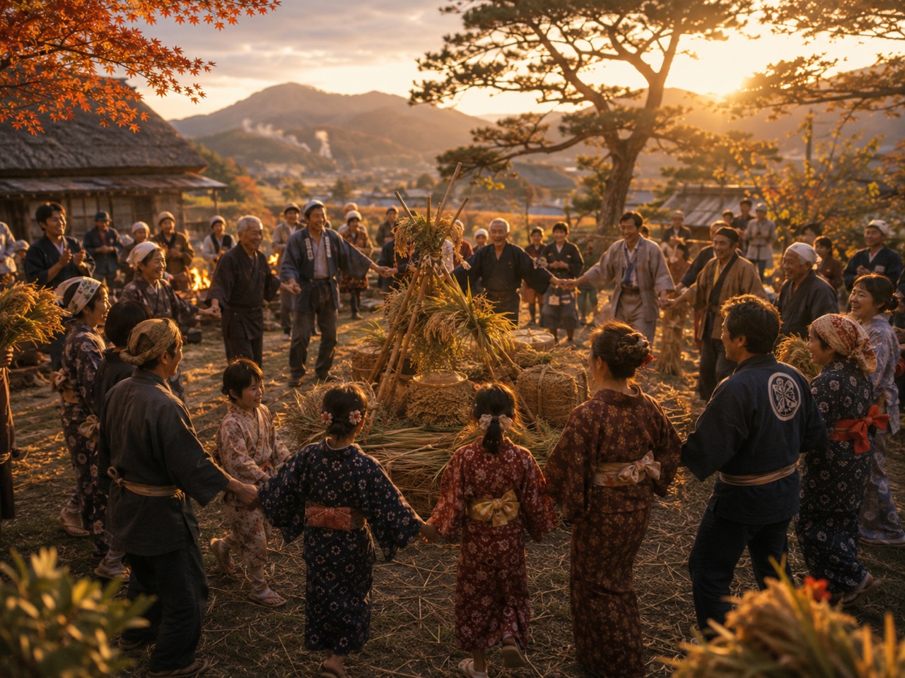 夕暮れ、輪になって踊る早苗饗（さなぶり）の情景